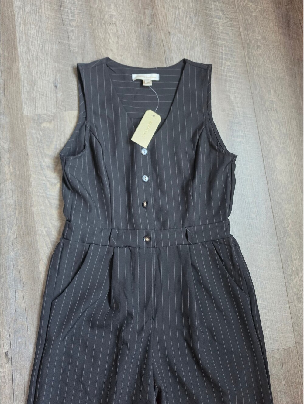 Monteau Los Angeles Black Pinstripe Sleeveless Jumpsuit Size L - Picture 2 of 9
